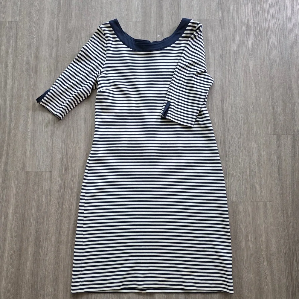 Banana Republic Navy White Striped Sheath Dress Scoop Neck Elbow Sleeve Size 10 - Picture 2 of 16
